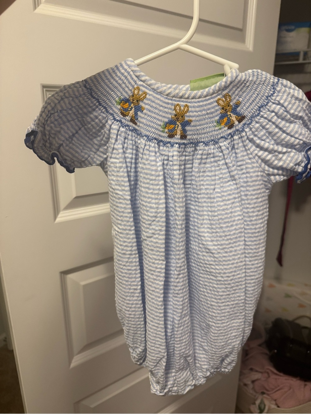 Smocked Blue & White Baby Bubble Romper with Bunny Embroidery
